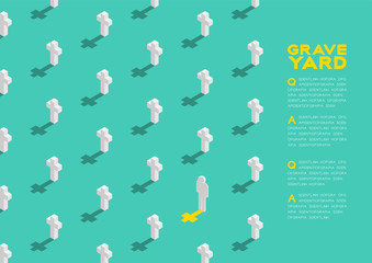 Graveyard with cross 3D isometric pattern, Christian faithful rest in peace (rip) concept poster and banner horizontal design illustration isolated on green background with copy space, vector eps 10