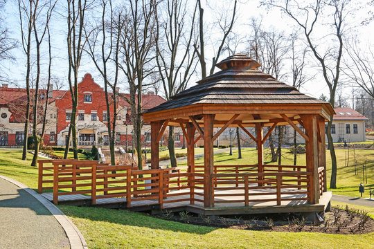 WIELICZKA - APRIL 02,2014: Wooden gazebo in beautiful city park by the Salt Mine