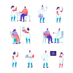 Set of Flat Blood Donation in a Medical Institution Characters. Cartoon People Woman at Doctor Appointment. Medical Check Up, Ultrasound, Volunteers Donating Blood. Vector Illustration.