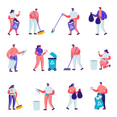 Set of Flat Volunteers Collect Litter Characters. Cartoon People Raking, Sweeping, Put Trash into Bags with Recycle Sign, Pollution with Garbage, Clean Up Wastes. Vector Illustration.
