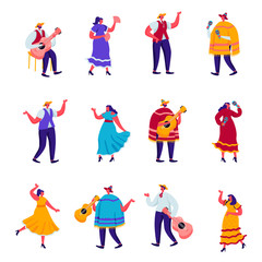 Set of Flat Celebration of a Traditional Mexican Holiday in Colorful Traditional Clothes Characters. Cartoon People Festival Musicians with Guitars, Maracas and Accordion. Vector Illustration.