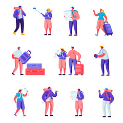 Set of Flat Tourists Traveling Around the World Characters. Cartoon People Couple with Luggage Watching Map, Making Selfie, Visiting and Photographing. Vector Illustration.