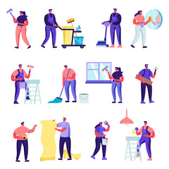 Fototapeta na wymiar Set of Flat Cleaning Company Service Characters. Cartoon People Loading Dirty Clothes to Washing Machine, Ironing, Rolling Cart with Clean Dresses in Launderette. Vector Illustration.