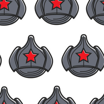 USSR army hat with red star retro headdress seamless pattern