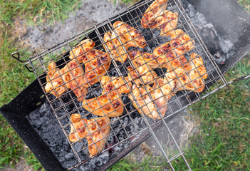 Roasted chicken wings on the charcoal grill stove