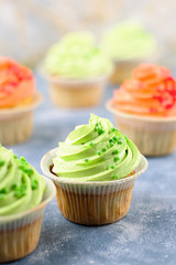 Tasty colorful cupcakes closeup with copy space. Birthday party sweets. Happy birthday greeting card