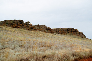 Distant hills. Hilly steppe. Curvy hills. Blue sky and grass. Beautiful plain.