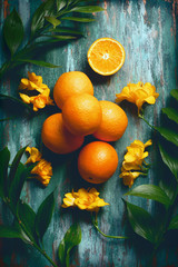flatlay food background - empty wooden board with mint oranges and knife, with copy space