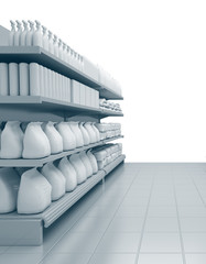 Shelves in the supermarket. Set of shelves with many goods in perspective. 3D rendering