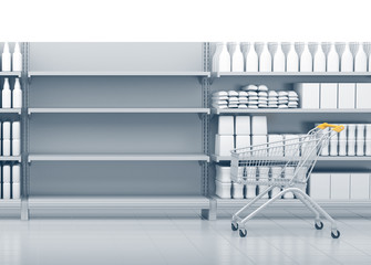Shelves in the supermarket. Set of shelves with many goods. 3D rendering