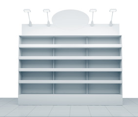 Empty shelves in the supermarket. Set of shelves with many goods. 3D rendering