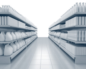 Shelves in the supermarket. Set of shelves with many goods in perspective. 3D rendering