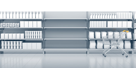 Shelves in the supermarket. Set of shelves with many goods. 3D rendering