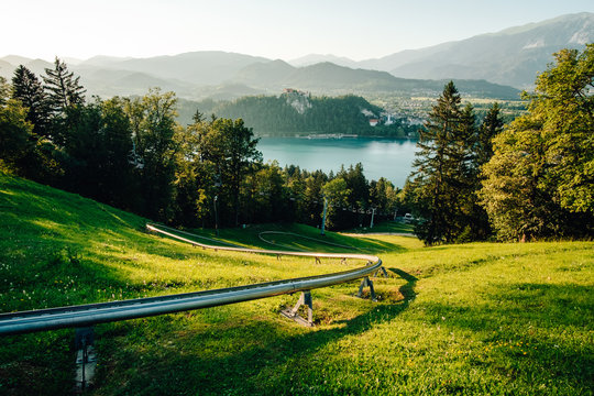 Hill with perfect view on lake and castle. Summer toboggan and chair lift Straža above Bled, Slovenia, Europe.