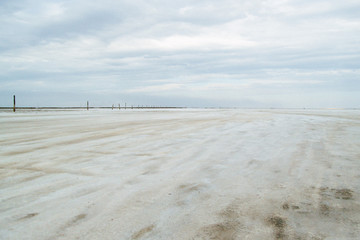 Saline,salt lake Baskunchak. Astrakhan region. Russian landscape.