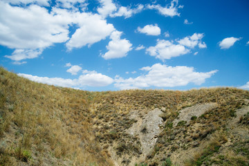 Distant hills. Hilly steppe. Curvy hills. Blue sky and grass. Beautiful plain.
