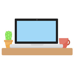 Modern laptop computer with cactus flower in pot and cup in cartoon flat style on white, stock vector illustration