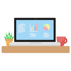 Modern laptop computer with succulents flower in pot and cup in cartoon flat style on white, stock vector illustration