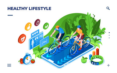 Healthy lifestyle or sport training, online fitness tracker, sportsman health tracking isometric application screen. Man, woman cycling on smartphone, doing cardio, heart rate bracelet. Weight control