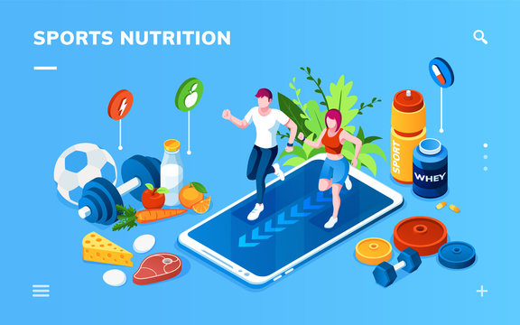 Isometric screen for sport or healthy nutrition application. Man and woman jogging on smartphone near vegetables, whey protein, dumbbell. Online training, coach, food tracking, weight loss, health app