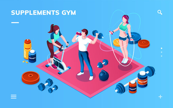 Gym supplement, workout or fitness, sport training application screen for smartphone. Isometric bodybuilder, exercise bike, skipping rope athlete, whey protein, amino, energizer, weight gainer shaker