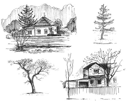 Detailed hand drawn ink black and white illustration set of farm house, tree. sketch. Vector eps 8