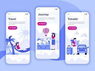 Set of onboarding screens user interface kit for Travel, Journey, Traveler, mobile app templates concept. Modern UX, UI screen for mobile or responsive web site. Vector illustration.