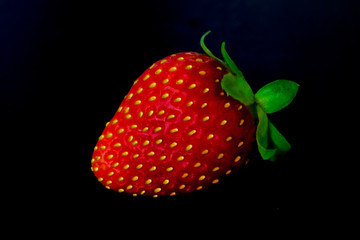 Ripe red strawberries with yellow seeds and a green tail on a black background close-up.