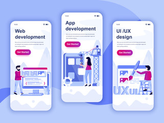 Set of onboarding screens user interface kit for Web and App Development, UI / UX Design, mobile app templates concept. Modern UX, UI screen for mobile or responsive web site. Vector illustration.