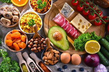 Assorted food products on kitchen table