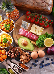 Assorted food products on kitchen table