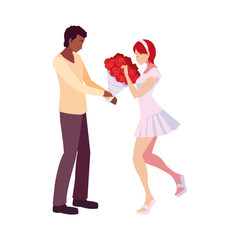 man giving bouquet flowers a woman