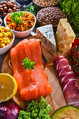 Assorted food products on kitchen table