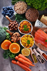 Assorted food products on kitchen table