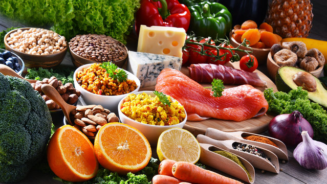Assorted food products on kitchen table