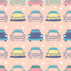 Cute vintage cars and stars in a seamless pattern design