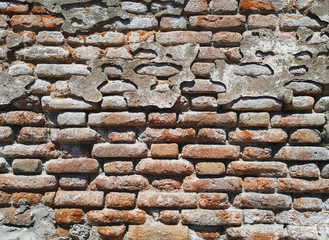 Red brick wall texture background. Old weathered surface. The concept of erosion.