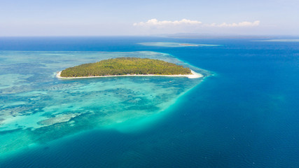 Patongong Island, Palawan, Philippines. Tropical island with palm forest and white sand. Atoll with a green island, view from above.