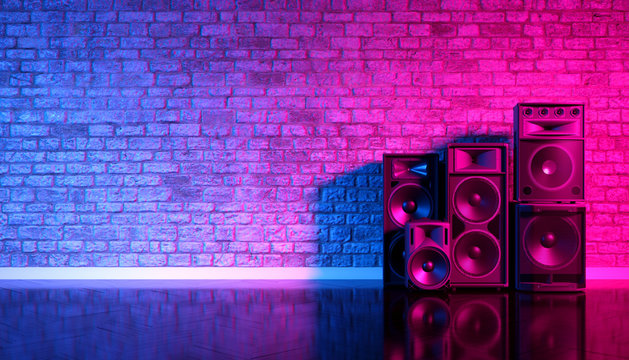 Speakers on the background of an old brick wall in the enon light, 3d illustration