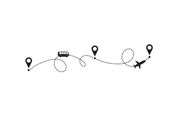 Concept of traveling by bus and plane. Vector illustration. Traveling route or track with location markers © tanandaa