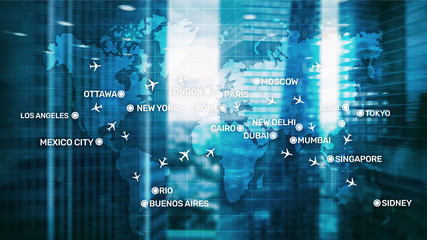 Global Aviation Abstract Background with planes and city names on a map. Business Travel Transportation concept.