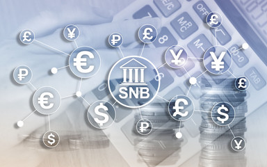 Different currencies on a virtual screen. SNB. Swiss National Bank.