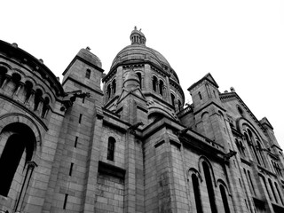 Roman catholic church. Basilica of the Sacre Coeur black and white photography. Paris, France.  