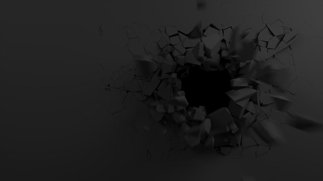 explosion of a black wall aperture in the wall 3d illustration
