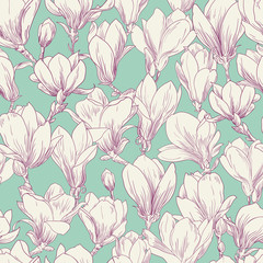 Magnolia pattern, line floral ornament. Seamless background. Hand drawn illustration in vintage style, green, white