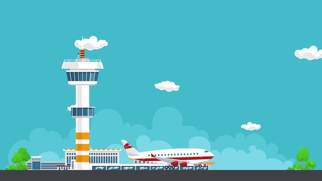 Airplane Takes Off from the Airport, Control Tower and Airplane on the Background of the City, Travel and Tourism Concept , Air Travel and Transportation, HD Video Animation Footage