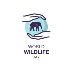 Simple logo for World Wildlife Day. Icon of cute elephant in hands. Suitable for greeting card, poster and banner.