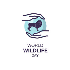 Simple logo for World Wildlife Day. Icon of cute lion in hands. Suitable for greeting card, poster and banner.