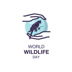 Simple logo for World Wildlife Day. Icon of cute parrot in hands. Suitable for greeting card, poster and banner.