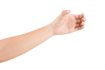 Male asian hand gestures isolated over the white background. CATCHING POSE.